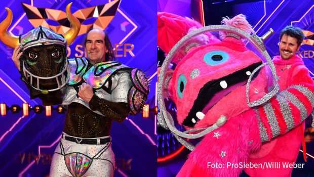 Gleich zwei Masken fielen gestern Abend im Halbfinale der ProSieben-Show „The Masked Singer“. Der „Stier“ entpuppte sich als Sänger Guildo Horn, während Moderator Thore Schölermann im Kostüm des „Monstronauten“ steckte. (Foto: ProSieben/Willi Weber)