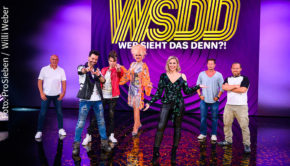 In der ersten Ausgabe von Ruth Moschners neuer ProSieben-Show „Wer sieht das denn?!“ setzten sich Til Schweiger und Axel Stein als Sieger gegen Olivia Jones und Mario Basler durch. In der werberelevanten Zielgruppe verbuchte das Quiz, in dem auch die Ehrlich Brothers auftraten, einen starken Marktanteil von elf Prozent. (Foto: ProSieben/Willi Weber)