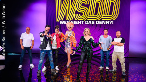 In der ersten Ausgabe von Ruth Moschners neuer ProSieben-Show „Wer sieht das denn?!“ setzten sich Til Schweiger und Axel Stein als Sieger gegen Olivia Jones und Mario Basler durch. In der werberelevanten Zielgruppe verbuchte das Quiz, in dem auch die Ehrlich Brothers auftraten, einen starken Marktanteil von elf Prozent. (Foto: ProSieben/Willi Weber)