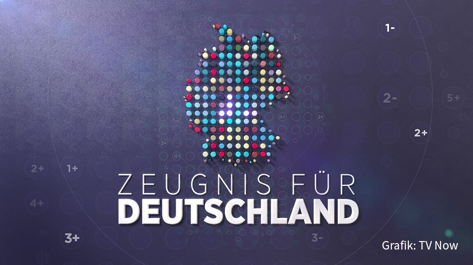 Sicherheit, Gesundheit und Bildung, aber auch die Leistungen der Fußball-Nationalmannschaft werden im „Zeugnis für Deutschland“ bewertet, das RTL am heutigen 29. Januar ausstellen will. In der Live-Show wirkt ein Promi-Panel mit u.a. Günther Jauch, Thomas Hermanns und Ilka Bessin mit. (Grafik: TV Now)