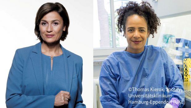 Eine neue Folge von „Der Sandra Maischberger Podcast“ ist seit heute auf Spotify und in der ARD Audiothek abrufbar. Gesprächsgast ist die Infektiologin und Forscherin Marylyn Addo. (Fotos: Thomas Kierok/Spotify, Universitätsklinikum Hamburg-Eppendorf (UKE))